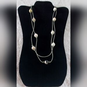 Handmade Neutral Colored Bead And Grey Leather Necklace